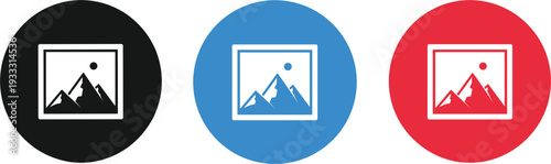 Set of professional landscape photo icons featuring mountain peaks in black blue and red circular frames for gallery and photography web interface.
