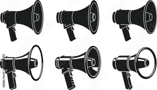 Set of professional megaphone icons featuring various bullhorn designs in black silhouette and line art style for communication marketing and announcement concepts.