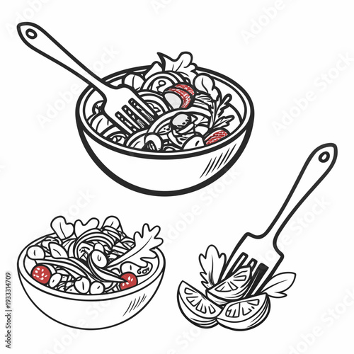 Multiple bowls of salad with forks and garnish, fresh ingredients, healthy eating, culinary delights, vibrant food art