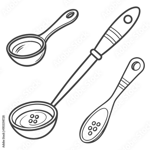 Kitchen ladle and measuring spoon set with decorative stripes on handles and liquid contents in black and white line art style vector illustration