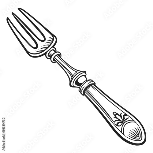 Elegant vintage serving fork with ornate handle, classic design, detailed illustration, antique silverware for gourmet dining