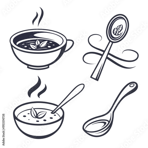 Set of cooking utensils and bowls with hot soup, featuring a soup bowl, ladle, and spoon with food inside