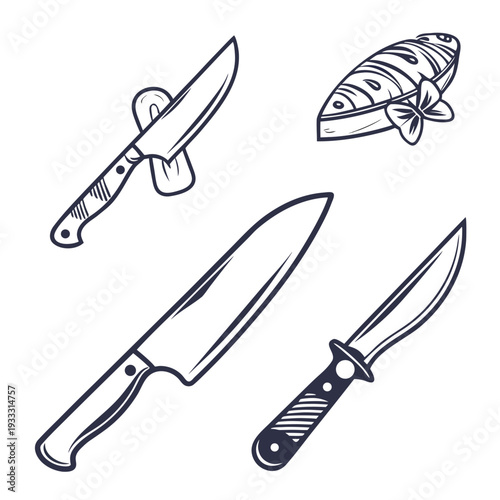 Set of various kitchen knives, including a chef's knife, paring knife, and bread knife, with a baguette illustration