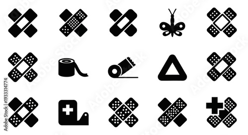 Collection of simple black medical icons on white background displayed in grid format from a straightforward viewpoint