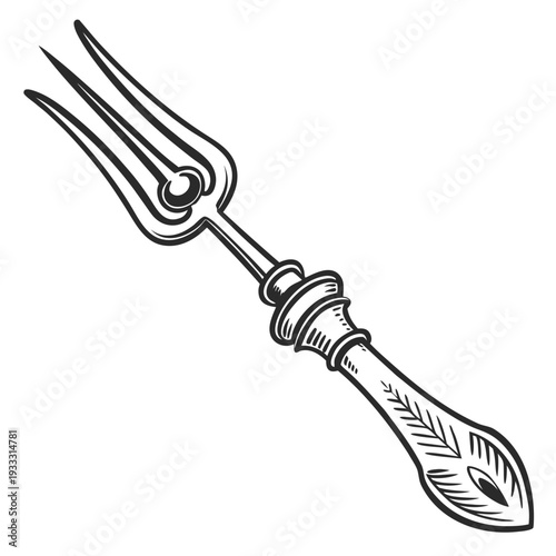Ornate antique fork drawing with intricate handle details and traditional engraving style for culinary books and historical collection display vector