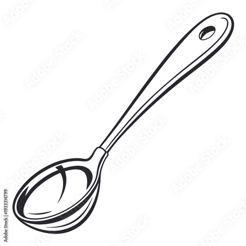 A black and white image of a single kitchen wooden spoon with a hole in the handle isolated on white background