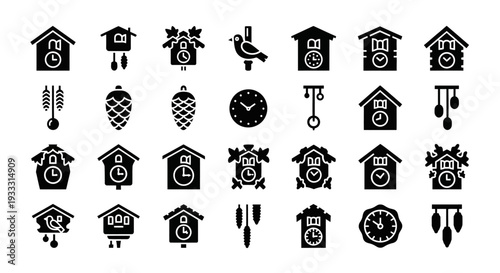 Collection of various cuckoo clock icons displayed in a grid pattern on a plain background