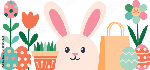 Cute easter illustration with bunny, eggs, flowers, and shopping bag against a transparent background design concept.