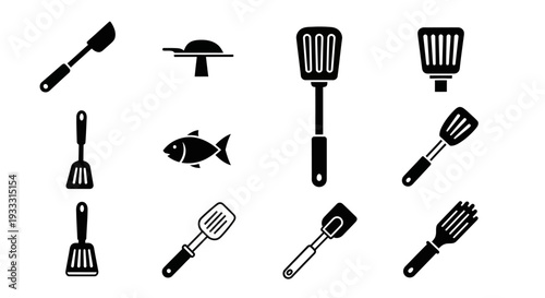 Collection of kitchen utensils and cooking tools displayed against a neutral background from a straightforward viewpoint