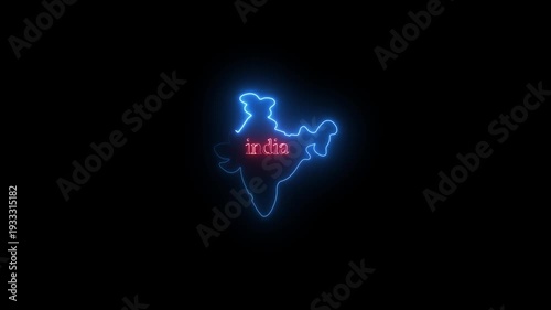 India Map Outline Neon Sign with Glowing Blue Borders and Red Text on Black Background