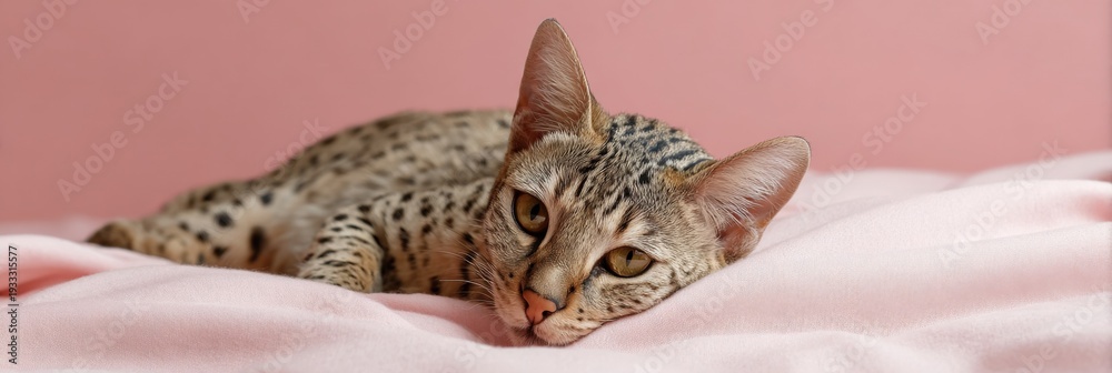 Obraz premium Spotted cat relaxing on soft pink blanket