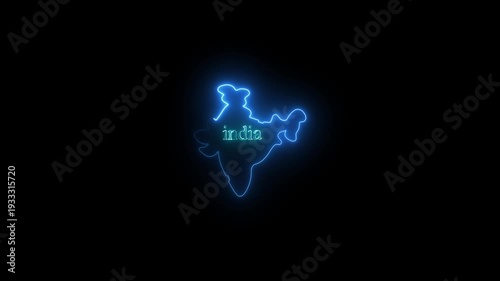 Glowing Blue Map of India Neon Sign Isolated on Black Background india map country outline
