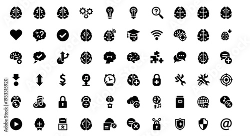 Collection of various black icons representing different concepts and objects on a plain background viewed from a straightforward perspective