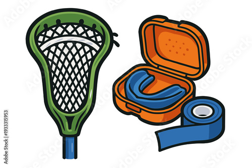Lacrosse stick head with mesh net, protective mouthguard in orange case, and athletic tape roll
