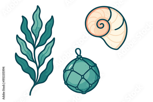 Hand drawn marine objects: seaweed, nautilus shell, and glass fishing float