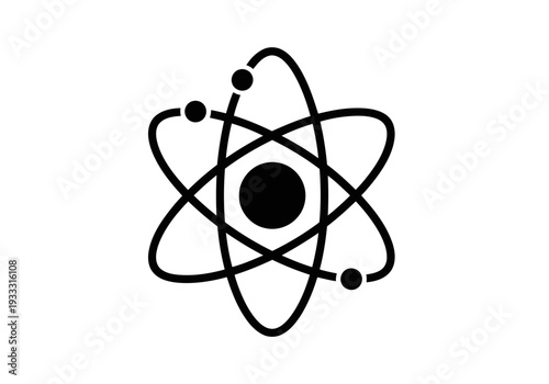 Simple black and white icon of an perfect atom with orbiting electrons silhouette representing science physics chemistry and nuclear energy concept