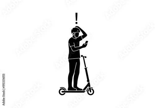 A perfect silhouette of a man wearing a mask standing on an electric scooter looking confused at his smartphone with an exclamation mark above his head black and white silhouette