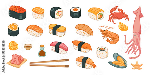 A set of colorful sushi and seafood. A large set of cute icons of Asian cuisine. Nigiri, maki rolls, gunkan, shrimp, squid, crab rice, salmon, tuna, caviar, fish, octopus. Manually optimized vector.