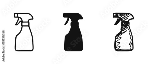 Spray Bottle Icon Set in Outline, Solid, and Hand-Drawn Styles for Cleaning, Hygiene, and Household Products