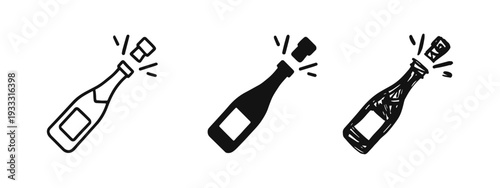 Popping Champagne Bottle Icon Set in Outline, Solid, and Hand-Drawn Styles for Celebrations and New Year