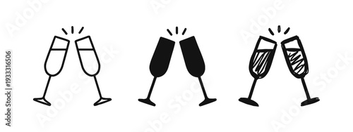 Clinking Champagne Glasses Icon Set in Outline, Solid, and Hand-Drawn Styles for Toasts and Celebrations
