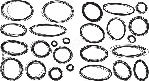 A playful set of black ink hand-drawn circles and ovals in various sizes, featuring a messy, multi-stroke DIY aesthetic for highlights and annotations.