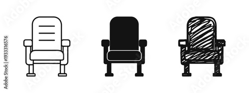 Armchair Icon Set in Outline, Solid, and Hand-Drawn Styles for Cinema, Theater, and Comfortable Seating