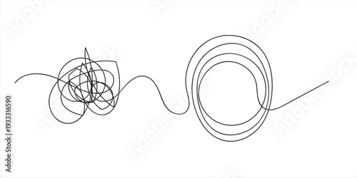 Black continuous line drawing showing a tangled mess transforming into a neat circle on white background