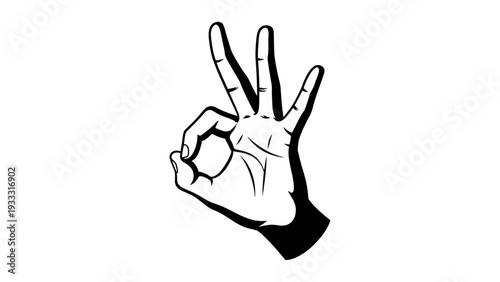 Okay Hand Gesture, Fingers Forming Circle, Sign of Approval, Black and White Vector