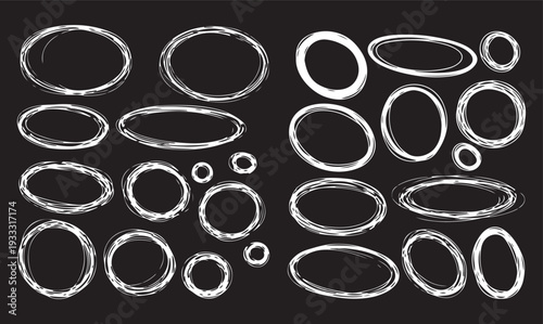 A set of white chalk-style hand-drawn circles and ovals in various sizes, featuring a messy, multi-stroke DIY aesthetic on a black background for highlights and annotations.