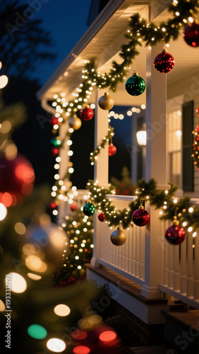 Wallpaper Mural Brightly colored Christmas balls hang from a charming terrace, beautifully illuminated by twinkling lights. The night air is filled with festive cheer and warmth Generative AI Torontodigital.ca