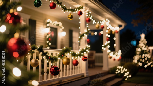 Wallpaper Mural Colorful Christmas balls hang elegantly on a terrace, surrounded by twinkling lights and cheerful decorations, creating a warm holiday atmosphere at night Generative AI Torontodigital.ca