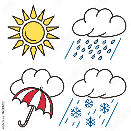 Weather forecast icons set, featuring sun, rain, cloud with umbrella, and snow, simple graphic elements for climate reporting