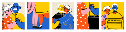 Happy Senior Couples Hugging Collection With Vibrant Modern Pop Art