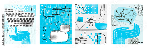 AI Robotic Hands Concepts, Global Technology and Balance Symbols in Hand-Drawn Doodle Style
