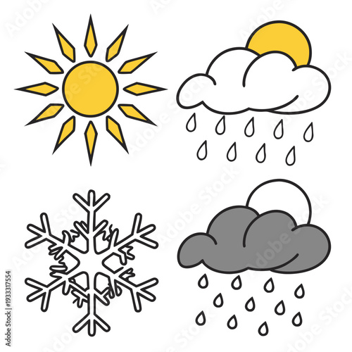 Weather icon set featuring bright yellow sun rain cloud falling water drops snowflake and dark overcast storm cloud with rain for forecast design