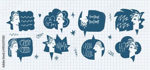People Chatting with Speech Bubbles, Abstract Communication and Mental Health Doodle Set