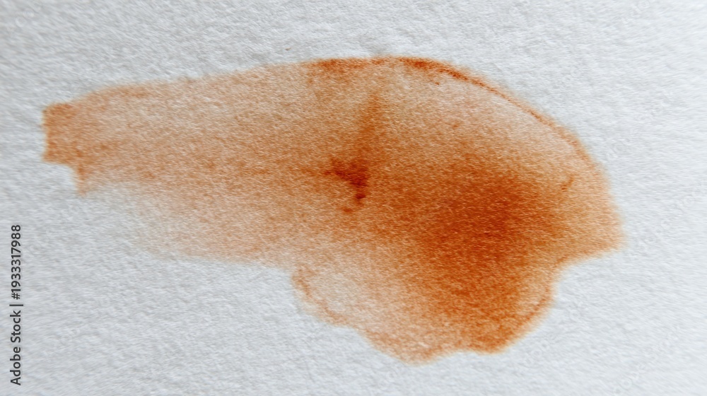 Fototapeta premium Wet tea bag stain, diffusing orange and brown gradient on white paper, soft edges