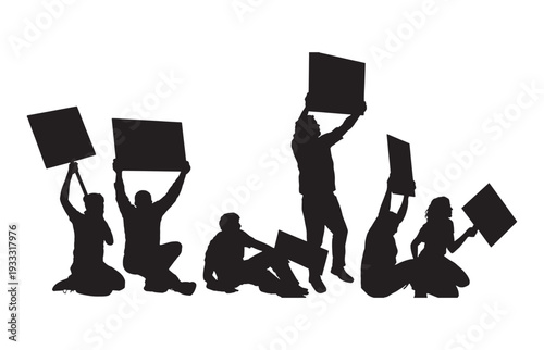 Protest and Activism Silhouettes with People Holding Blank Signs and Posters