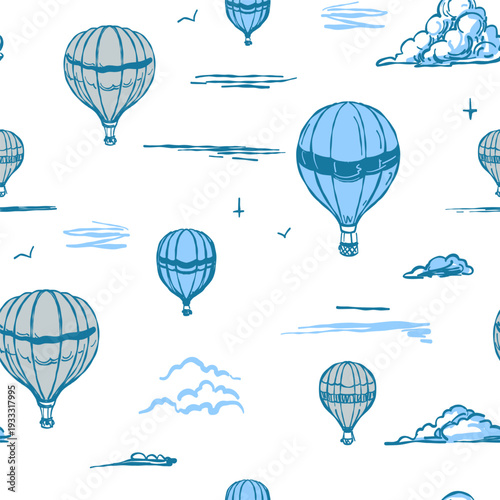 Air balloons, seamless pattern, sketch, one-color hand drawn vector illustrations, monochrome
