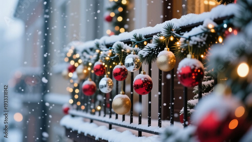 Wallpaper Mural Colorful Christmas balls hang from the balcony railing, surrounded by snow-covered pine branches. Soft snowflakes fall, creating a magical winter scene during the day Generative AI Torontodigital.ca