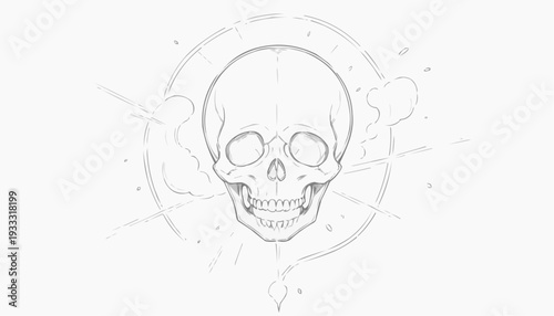 Simplified human skull with thin cracks and faint swirls, line art illustration on a white background
