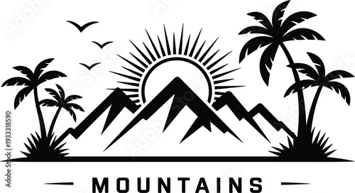Black and white minimalist mountains logo with palm trees, sunrise rays and birds tropical emblem design

45 Keywords (comma separated):