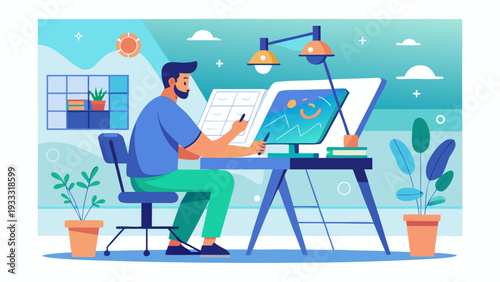 Drafting technician using ruler and pencil on construction project.eps