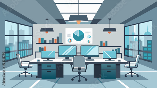 Empty Corporate Office Background with Desks, Computers, and Conference Area.eps