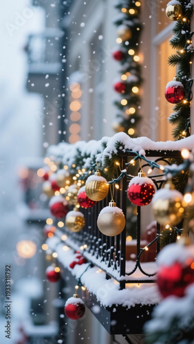 Wallpaper Mural Bright red and gold Christmas balls dangle from a snowy balcony, twinkling with soft lights while snowflakes gently fall, creating a serene winter scene Generative AI Torontodigital.ca