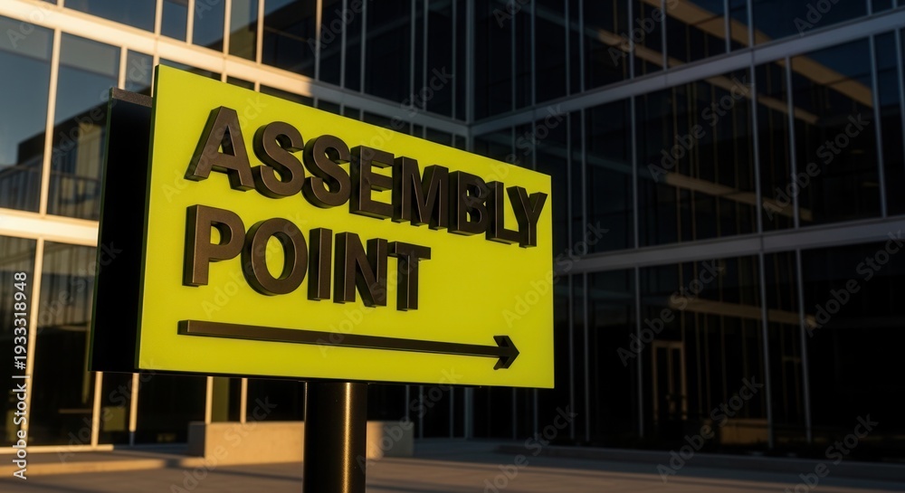 Obraz premium Assembly Point Sign Directing to a Safe Place Near a Modern Glass Building