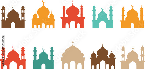 Colorful mosque silhouettes set, Islamic architecture illustrations, domes and minarets, Muslim religious buildings, flat design vector graphics, Middle Eastern icons