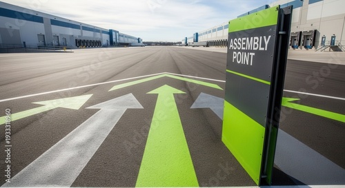 Assembly Point Sign Directing People Towards Warehouse, Clear Directional Markings on Asphalt