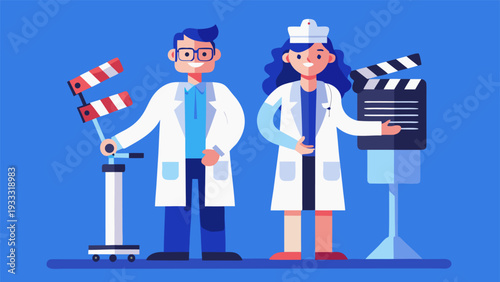 Film Crew and Actors in Scrubs Filming a Medical TV Show Drama Set.eps